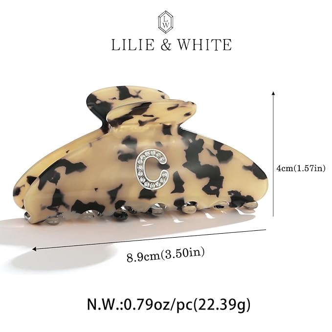 LILIE&WHITE Christmas Gift Tortoise Initial Hair Clips For Women With Letter Rhinestone Hair Claws Trendy Monogram Claw Clips For Thick Hair Alphabet C