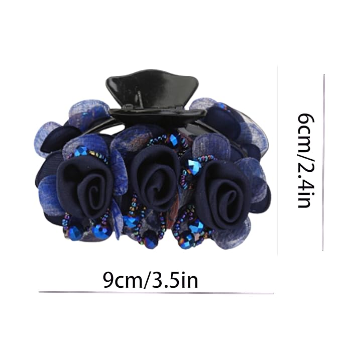 Elegant Rose Hair Clip, Navy Blue Floral Barrette with Rhinestones, Double Flower Design.hair accessories for women