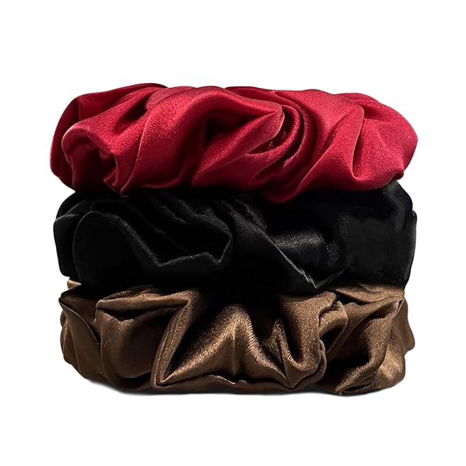 Suncdelv Silk,100% Silk Scrunchies for Hair,22 Momme Hair Ties for Anti-Crease & Breakage,Natural Women Hair Accessories,Fashion Hairbands 3PCS(Red,Brown,Black)