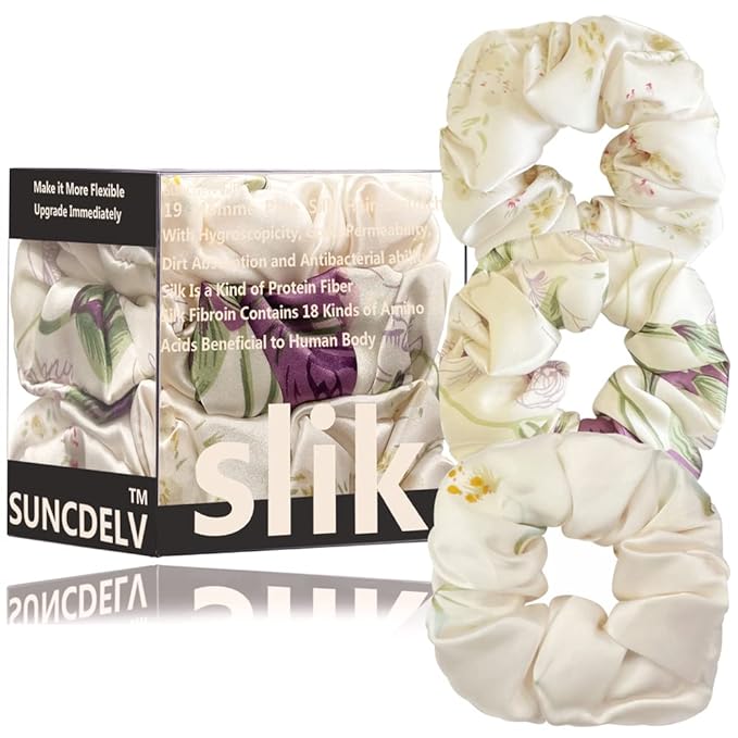 Suncdelv Silk,100% Silk Scrunchies for Hair,22 Momme Hair Ties for Anti-Crease & Breakage,Natural Women Hair Accessories,Fashion Hairbands 3PCS(Flower)