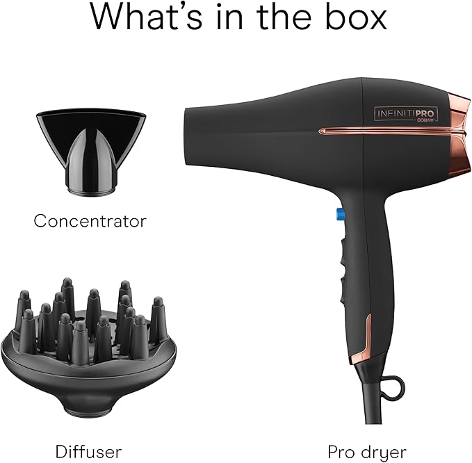 INFINITI PRO by CONAIR Hair Dryer, 1875W Blow Dryer with Diffuser and Concentrator, Ceramic Technology, 3 Heat & 2 Speed Settings, Cold Shot Button, Black