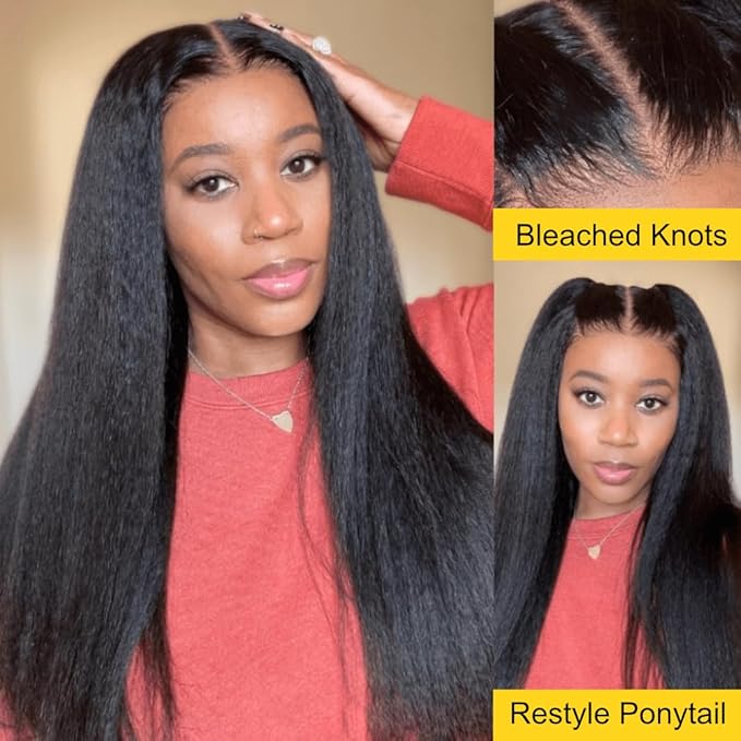 Sunber Yaki Straight Human Hair Pre Everything 13x4 Lace Frontal Glueless Wig Pre Cut Lace Pre Bleached Invisible Knots 180% Density Put on Go Bye Bye Knots No Glue 18Inch Yaki Straight Human Hair Wig