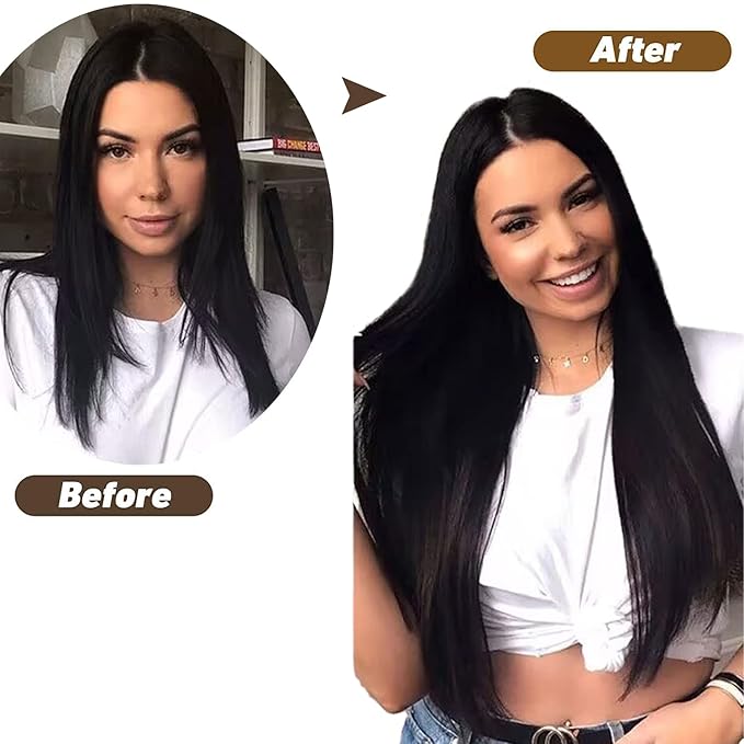 16" Clip in Human Hair Extensions Full Head 130g 7 Pieces 16 Clips 1# Jet Black Double Weft Brazilian Real Remy Hair Extensions Thick Straight Silky (16", 130g Jet Black)