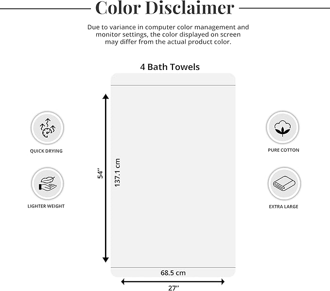 Tens Towels Pack of 4 Soft Bath Towels, 100% Cotton, 27 x 54 Inches, Lightweight & Quick-Dry, Ideal for Daily Bathroom Use, Practical & Comfortable, Yellow