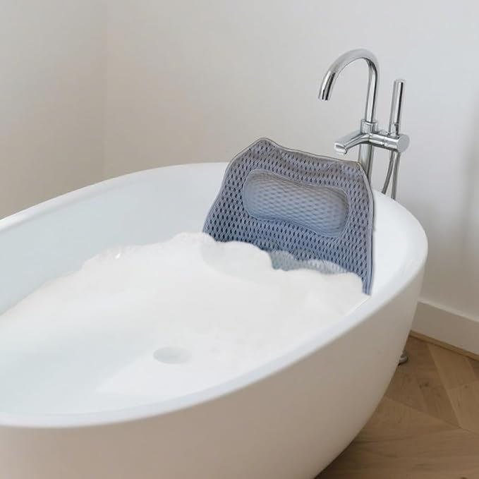 Bath Pillow with 48 Strong Suction Cups - 4D Air Mesh Bathtub Pillow for Neck, Head, Shoulder & Back Support - Extra Thick, Quick-Drying Spa Pillow with Built-in Hook(Grey)