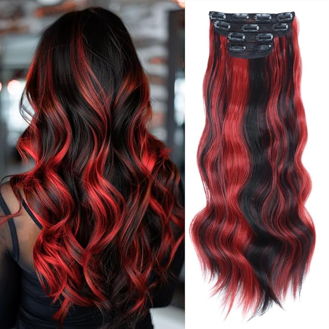 Vigorous Clip in Hair Extensions 4PCS Long Wavy Hair Extension 20Inch Thick Synthetic Hairpieces Fiber Double Weft Hair for Women(Black with Red Highlights)