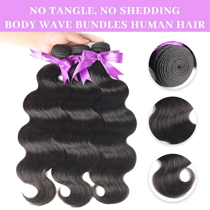 16 18 20 Inch Real Human Hair Bundles Body Wave 3 Bundles Unprocessed Natural Black Remy Body Wave Brazilian Virgin Cambodian Hair Wavy, 1b, No Tangle No Shedding, True to Length