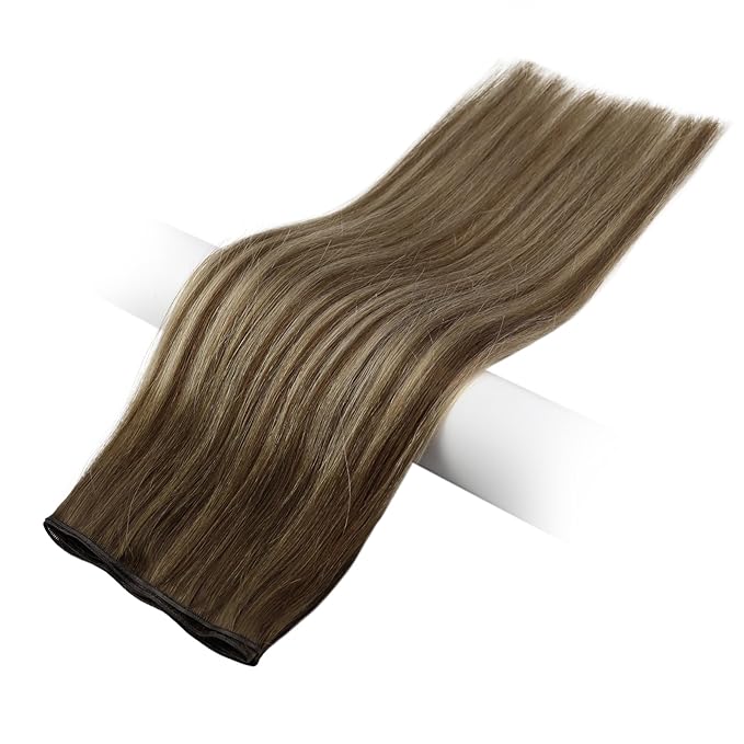 Fshine Genius Weft Hair Extensions Real Human Hair Balayage Sew in Extensions Medium Brown Mixed Caramel Blonde 22 Inch Straight Hair Weft Extensions Human Hair For Women 50g