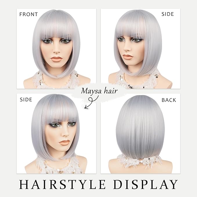 MAYSA Silver Bob Wig with Bangs Short Straight Bob Bangs Wig for Women Synthetic Cosplay Halloween Costume Wig 12in # Silver