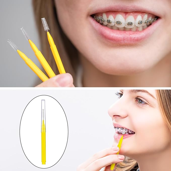 Patelai 100 Pieces Braces Brush for Cleaner Interdental Brush Toothpick Dental Tooth Flossing Head Oral Dental Hygiene Flosser Toothpick Cleaners Tooth Tool(Yellow,Portable Size)