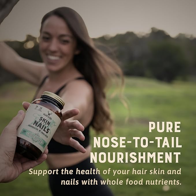 Heart & Soil – 100% Grass Fed & Finished Hair Skin and Nails Supplement from Regenerative Cattle with Cartilage, Liver, & Bone Marrow – 3000mg Beef Organs for Women & Men – Glass Bottle – 180 Capsules