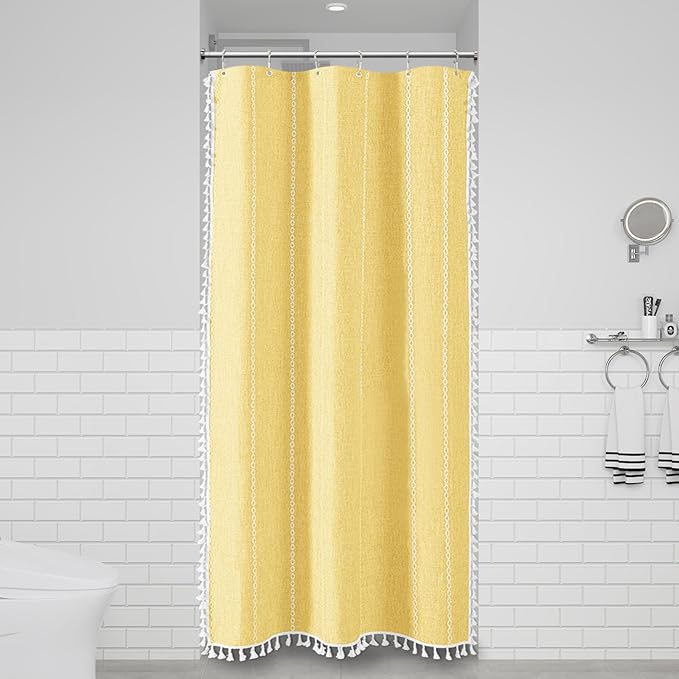BTTN Boho Farmhouse Shower Curtain - Linen Rustic Heavy Duty Striped Fabric Shower Curtain Set, Bohemian Vintage Country Cloth Shower Curtains for Bathroom, Yellow, 36" W x 72" L (Pack of 1)