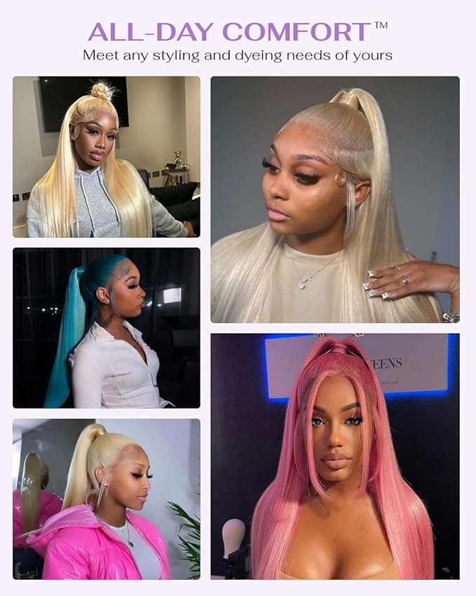Hidden Strap Straight 360 613 Lace Front Wigs Human Hair Invisible Strap Pre Plucked 180% Density SALON-Quality Blonde Wig with Drawstring Glueless Wigs HD Full Lace Human Hair Wigs 26inch