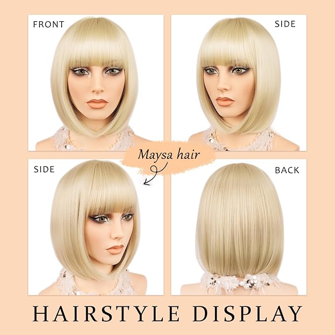 MAYSA Blonde Bob Wig with Bangs for Women Short Straight Beige Bob Wig 12in Synthetic Daily Party Natural Looking Wigs # Blonde