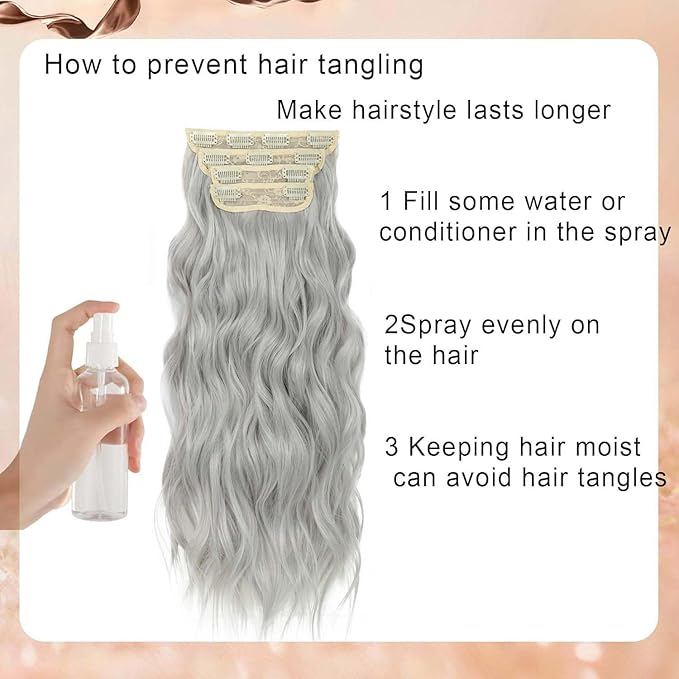 24 Inch Silver Gray Hair Extensions Clip ins for Women, Long Wavy Curly Clip on Hair Extensions, 4PCS Soft Natural Look Clip in Hair Extension for Women(60#, 24INCH)