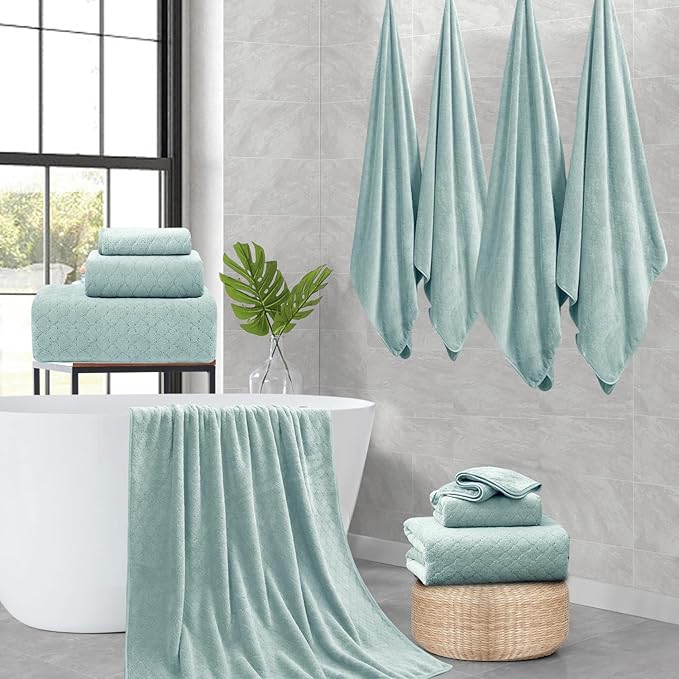 Ycosy 8-Piece Bath Towels Set,2 Oversized Bath Sheet,2 Hand Towels and 4 Washcloths - 600 GSM Soft Microfiber Highly Absorbent Quick Dry Shower Towel Collection for Bathroom Hotel and Spa,Mint Green