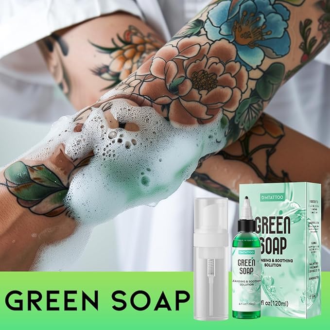 Green Tattoo Soap 4OZ with Foaming Bottle 120ml, Tattoo Supplies for Tattoos Piercings, Clean Skin