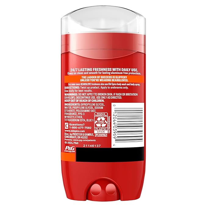 Old Spice Aluminum Free Deodorant for Men, 24/7 Odor Protection, 24/7 Freshness & Lasting Scent, Goes on Clear, Bearglove with Crisp Orchard Scent, 3.0 oz