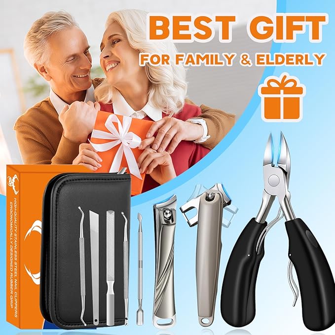 8-in-1 Heavy Duty Toenail Clippers for Thick Nails - Wide Jaw Ingrown Kit for Seniors. Surgical Steel Pedicure Set. Arthritis Friendly Household Essential. Best Gift for Men & Parents