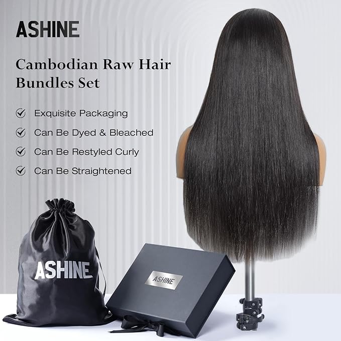 ASHINE Human Hair Bundles Body Wave Straight, Unprocessed Cambodian Raw Hair Bundles for Women Natural Black 14 16 18 Inch, Keep Soft and Silky After Multiple Washes