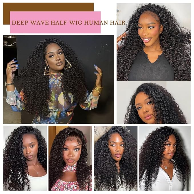 Half Wig Human Hair 200 Density Deep Wave 3 In 1 Glueless Curly Half Wig Human Hair Seamless Flip Over with Drawstring Beginner Friendly Curly Wig Headband Wigs for Women 20 Inch