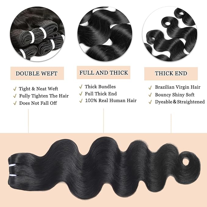 Body Wave Human Hair Bundles 26 28 30 32 Inch 12A Body Wave Bundles 100% Unprocessed Brazilian Virgin Hair Quick Weave Bundles Hair Extensions Natural Color No Shedding No Tangle