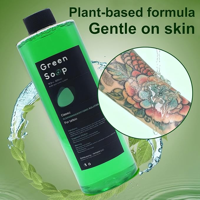 16.9oz Green Soap Kit, Urknall Ultra Concentrated 16.9oz Tattoo Green Soap with 8oz Squeeze Bottle, Green Soap for Tattooing & Piercing Care, Gentle Vegan Formula for Professional Tattoo Supplies