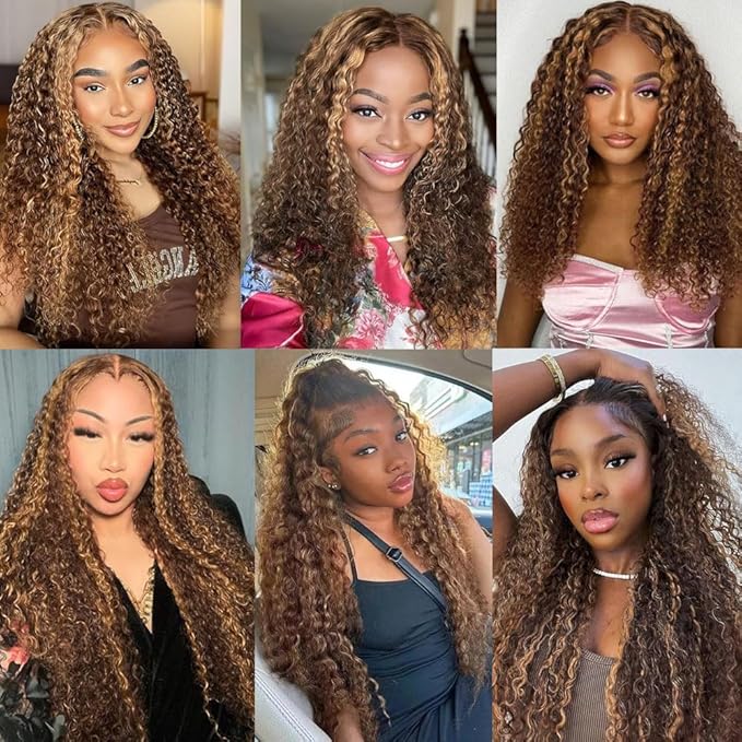 13x4 Highlight Ombre Deep wave Lace Front Wigs Human Hair for Black Women P4/27 Colored HD Transparent Honey Blonde Curly Lace Frontal Wigs Pre Plucked 180 Density with Baby Hair 28inch