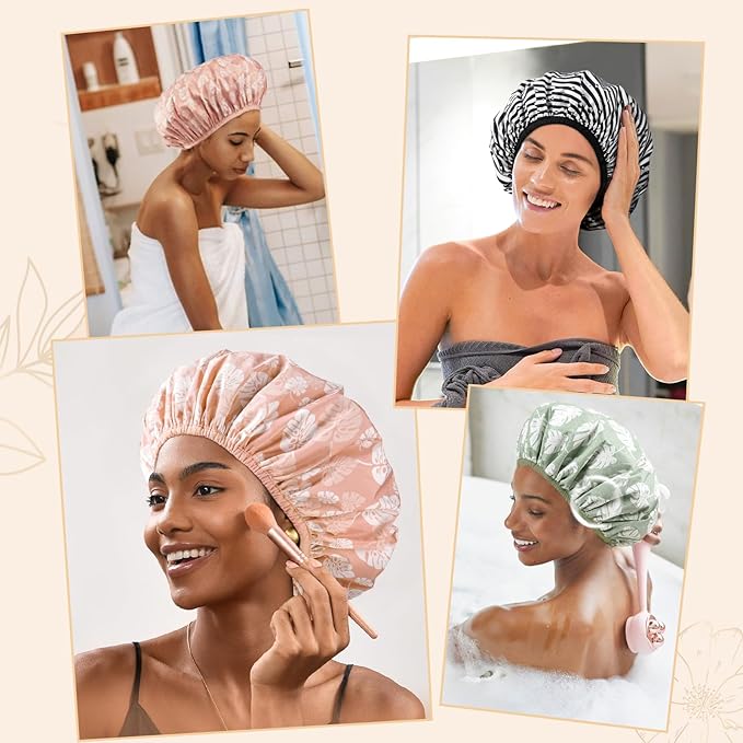 Yanibest Shower Cap for Women - Hair Satin Bonnet Shower Cap for Women Waterproof Extra Large Double Layer Reusable Adjustable for Braids Long Hair
