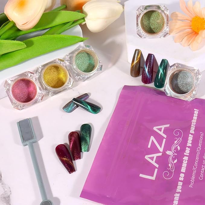Laza 8 Colors Cat Eye Chrome Nail Powder Chameleon Magnetic Powder 3D Cat Eye Mirror Effect Pigment Dust Magic Galaxy Effect Glitter with Magnetic Stick for Velvet Nail Art - Discolor Candy