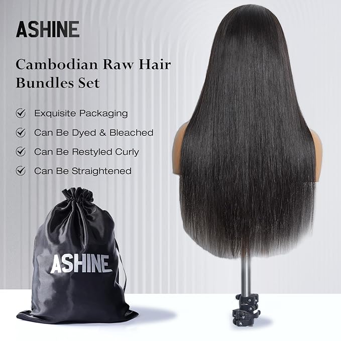 ASHINE Human Hair Bundle Body Wave Straight, Unprocessed Cambodian Raw Hair Bundles for Women Natural Black 16 Inch, Keep Soft and Silky After Multiple Washes