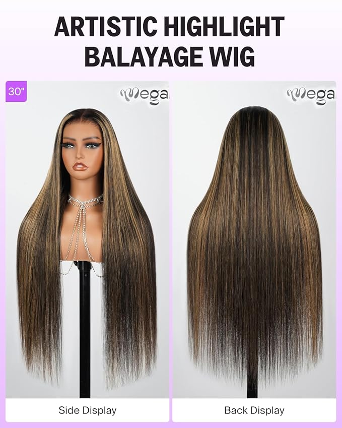 Balayage Wig Human Hair Glueless Straight Wig Human Hair 6x5 Lace Front Wig 220% Density Highlight Straight Closure Wig FB27# Bleached Tiny Knots 26 Inch
