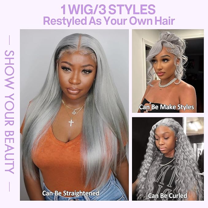Grey 13x6 Lace Front Wigs Human Hair 200 Density HD Body Wave Lace Front Wigs Human Hair Pre Plucked Pre Cut Lace Frontal Wig 13x6 Body Wave Wig for Women 34 Inch