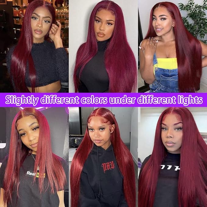 CHEETAHBEAUTY 99j Burgundy Lace Front Wigs Human Hair 34 Inch 13x6 Burgundy Wig Human Hair 220% Density Brazilian Virgin Straight Human Hair Wigs for Women Pre Plucked with Baby Hair
