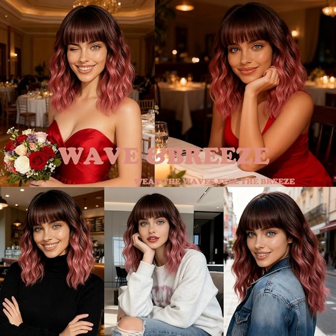 WAVE&BREEZE Short Ombre Pink Wigs with Bangs 14Inch Wavy Curly Bob Hair Wig for Women Shoulder Length Natural Looking Hair Replacement Wig for Daily Party Cosplay Costume Halloween