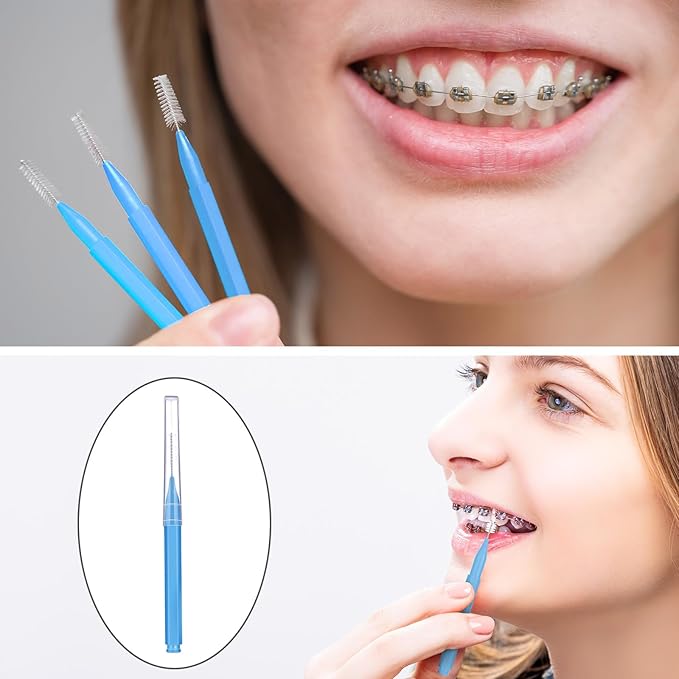 Patelai 100 Pieces Braces Brush for Cleaner Interdental Brush Toothpick Dental Tooth Flossing Head Oral Dental Hygiene Flosser Toothpick Cleaners Tooth Tool(Blue,Proper Size)