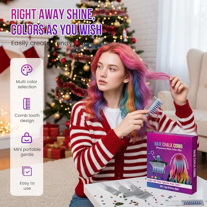 Festive Fun Hair Chalk Combs, 2026 DIY Temporary Hair Color, Colors Instant Hair Color Comb For All Ages For Birthday Party, Christmas Cosplay (8 Colors)