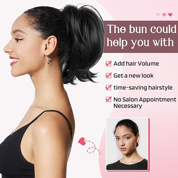 HOOJIH Messy Bun Hair Piece, Claw Clip in Straight Hair Bun 9 Inch Short Ponytail Extension with Bendable Metal Wire Hair Pieces for Women Fake Hair Bun DIY Styles - Black