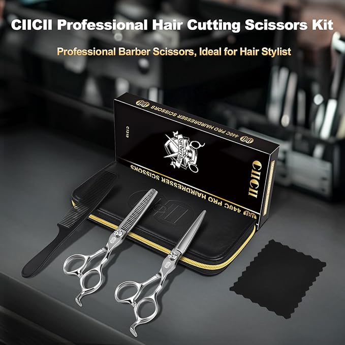 CIICII Professional Hair Cutting Scissors Shears Kit, 440C 6.7 Inch Barber Haircut Scissors Set (Hair Beard Trimming Haircutting Thinning Shears) for Hairdressing Stylist Hairdresser Salon Home