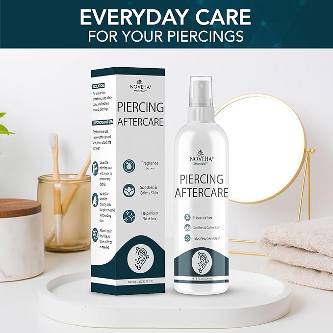 NOVEHA Piercing Aftercare Spray - Fast Cleaner Solution for Ear, Nose, and Belly Piercings - Keloid and Bump Cleaning with Hypochlorous Acid - 8 oz Bottle