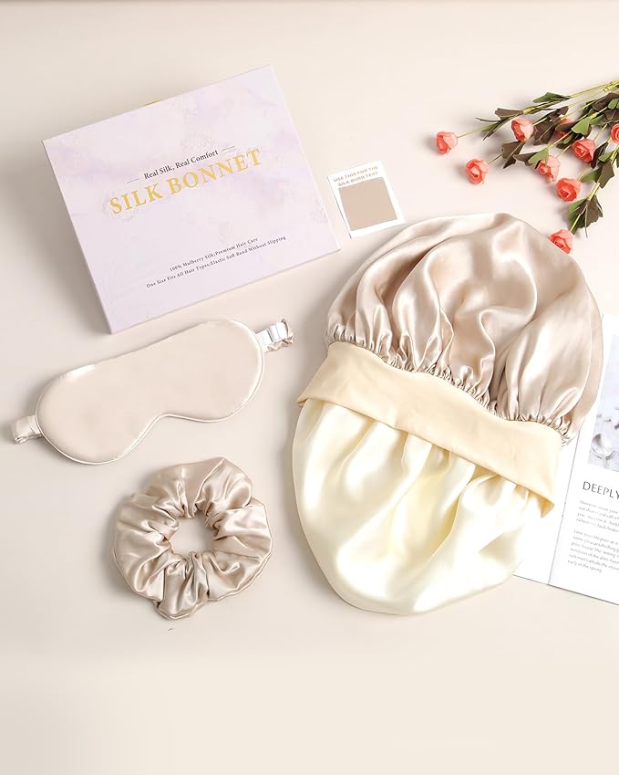 Mulberry Silk Bonnet Sleeping Women Curly Hair Bonnets Tie Band Double Layer Reversible Sleep Bonnet Silk Hair Wrap Sleep Cap
