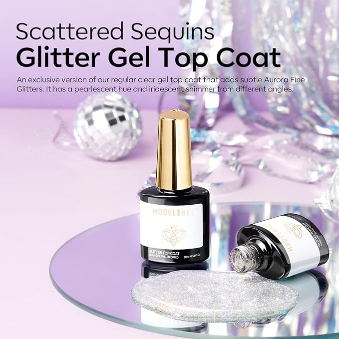 modelones Glitter Gel Nail Polish Top Coat, Rainbow Confetti Gel Top Coat with Scattered Sparkle Shimmer Sequins, Soak Off Long Lasting High Glossy Finish Home Salon DIY Manicure Nail Art