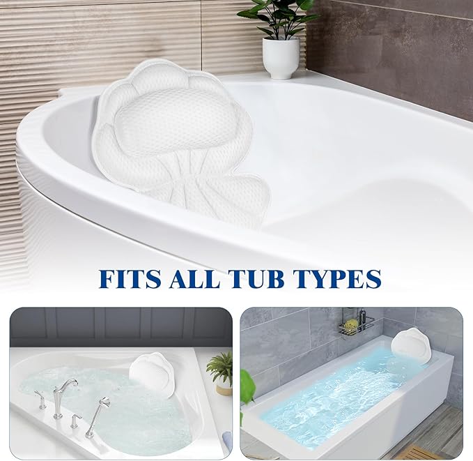 Bath Pillows for Tub, Afitton Luxury Bath Pillow Bathtub Pillow Headrest Neck and Back Support - with 4D Air Mesh Fabric & 6 Powerful Suction Cups, Ergonomic Bath Accessories Spa Gifts for Women Men