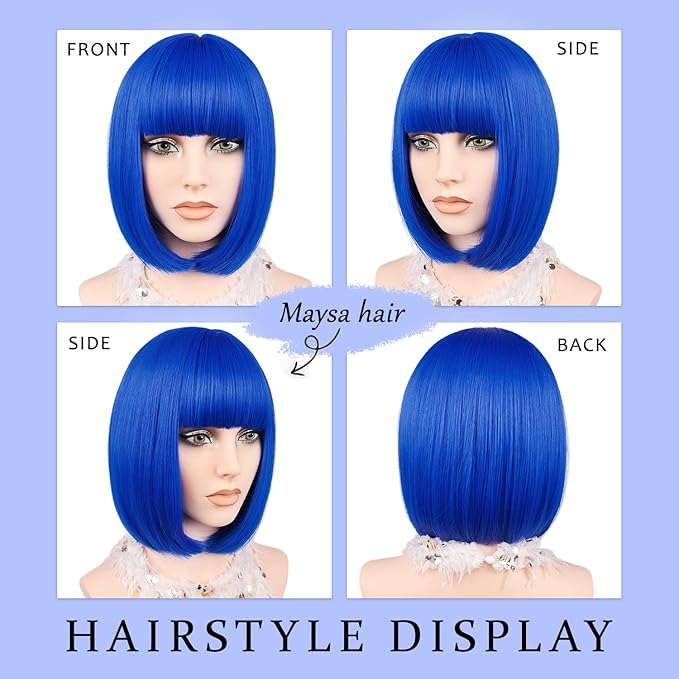 MAYSA Blue Bob Wigs with Bangs for White Women Short Straight Bob 12in Synthetic Cosplay Daily Party Colorful Wig # Royal Blue 