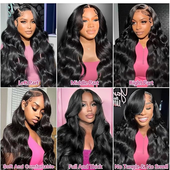 13x6 Body Wave Lace Front Wigs Human Hair Pre Plucked 200 Density Frontal Wigs Human Hair Brazilian Virgin Hair Glueless Wig for Women Natural Black 36 Inch