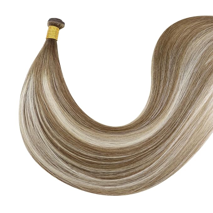 Fshine Genius Weft Hair Extensions Color Chestnut Brown Fading to Platinum Blonde Sew in Hair Extensions for Women 14 Inch 50g