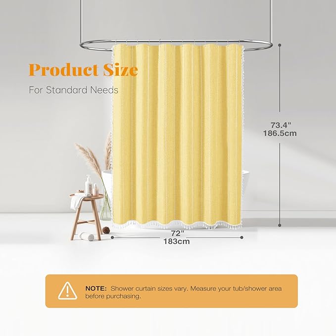 BTTN Boho Farmhouse Shower Curtain - Linen Rustic Heavy Duty Striped Fabric Shower Curtain Set, Bohemian Vintage Country Cloth Shower Curtains for Bathroom, Yellow, 72" W x 72" L (Pack of 1)