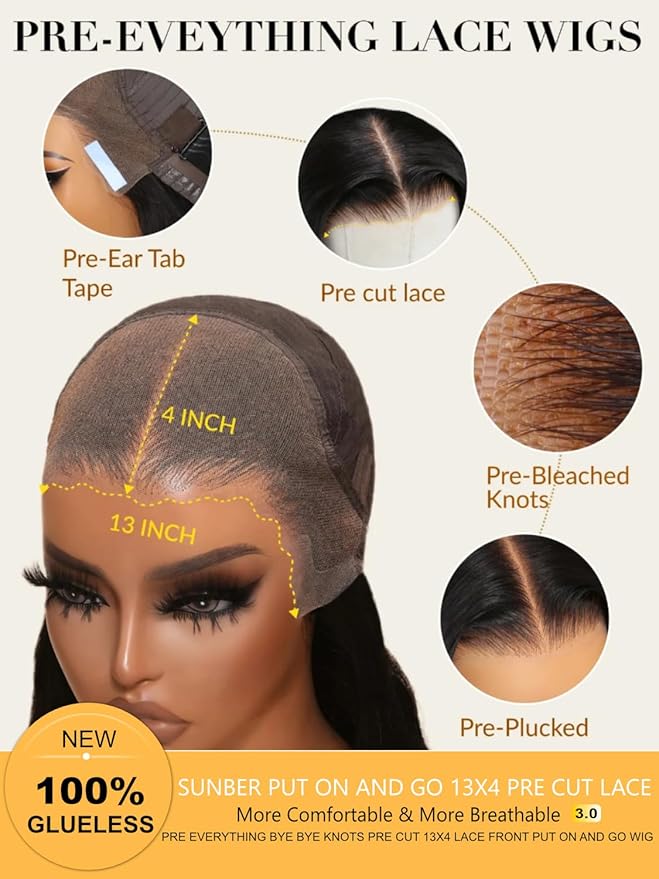 Sunber Body Wave Human Hair Lace Frontal Glueless Wig 13x4 Pre Everything Pre Cut Lace Front Drawstring Wig Bye Bye Knots Pre Plucked with Baby Hair 150% Density 22Inch Pull Go Wigs
