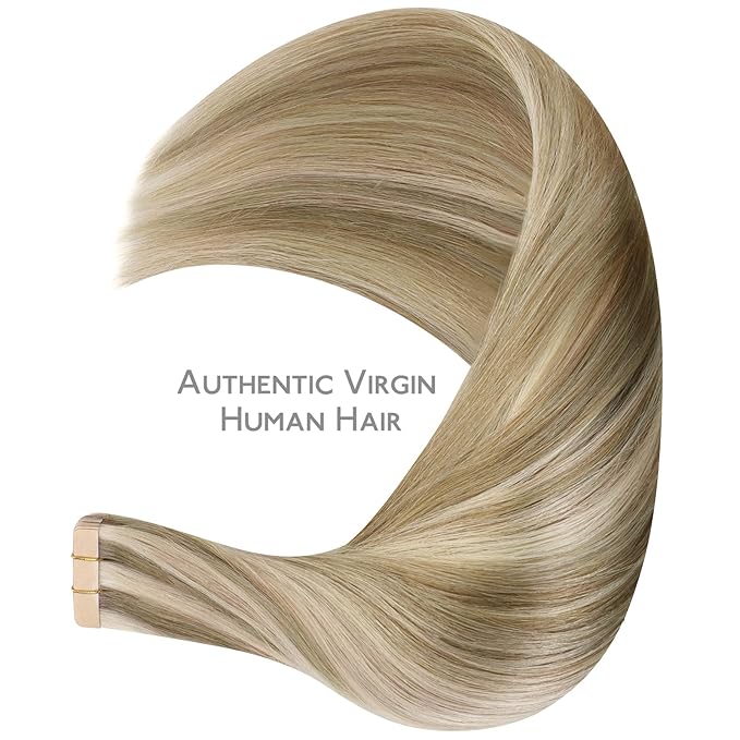WENNALIFE Tape in Hair Extensions Human Hair Ash Brown with Platinum Blonde Highlights Tape in Extensions, 10pcs 30g 20 inch Remy Invisible Tape Ins Straight Colored Soft Refill Set
