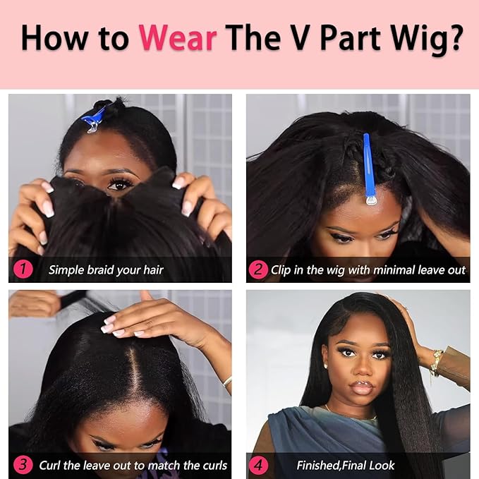 V Part Wig Human Hair Kinky Straight Human Hair Wigs Upgrade U Part Human Hair Wig for Women No Leave Out No Sew In 200% Density Natural Color 22 Inch